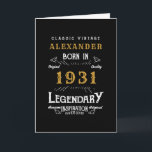 Cartão Personalized 90th Birthday Born 1931 Vintage Black<br><div class="desc">A personalized classic birthday card for that birthday celebration for somebody born in 1931 and turning 90. Add the name to this vintage retro style black, white and gold design for a custom 90th birthday gift. Easily edit the name and year with the template provided. A wonderful custom black birthday...</div>