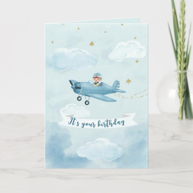 Cartão Personalized Blue Airplane Birthday Card (Frente)