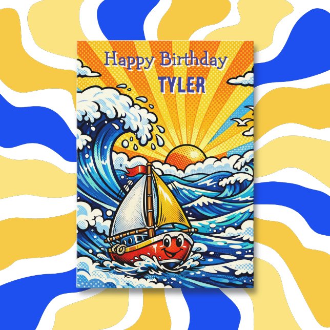 Cartão Personalized Boy's Birthday | Sailboat and Shark  (Criador carregado)