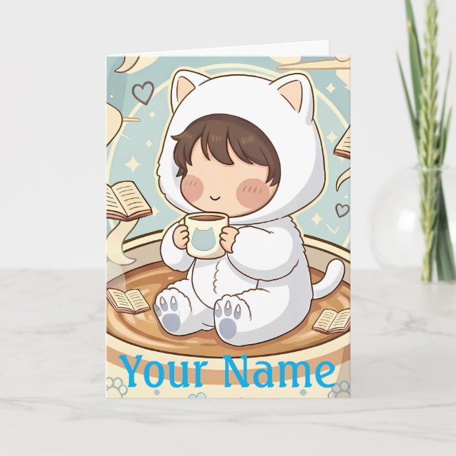 Cartão Personalized Cat Greeting Card for Book Lovers (Frente)