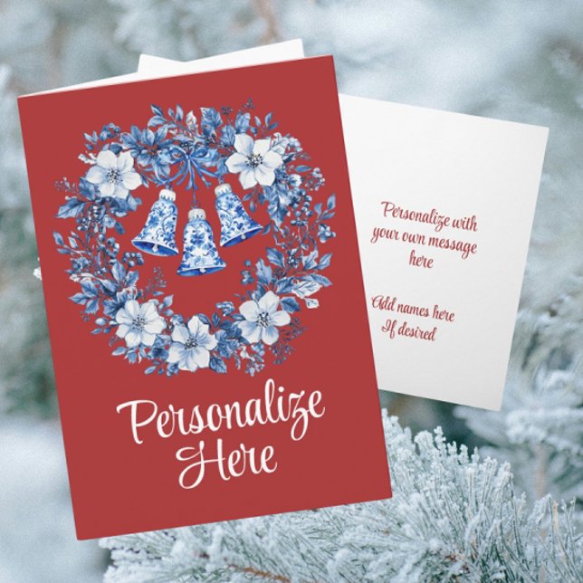 Cartão Personalized Chinoiserie Wreath Bells Holiday (Chinoiserie with a rich red background)