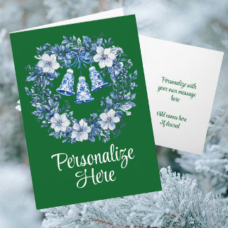 Cartão Personalized Chinoiserie Wreath Bells Holiday