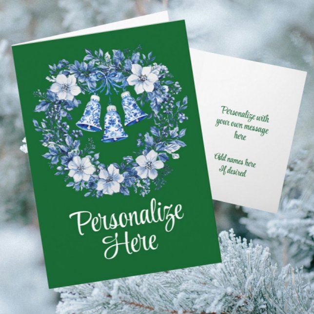 Cartão Personalized Chinoiserie Wreath Bells Holiday (Blue white chinoiserie on a vibrant green background)