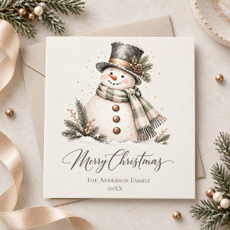 Cartão Personalized Elegant Watercolor Snowman Christmas