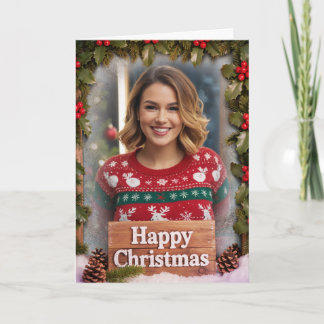 Cartão Personalized Family Photo Christmas Rustic Wood