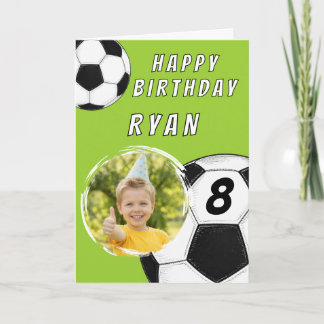 Cartão Personalized Green Soccer Boy Photo Birthday 