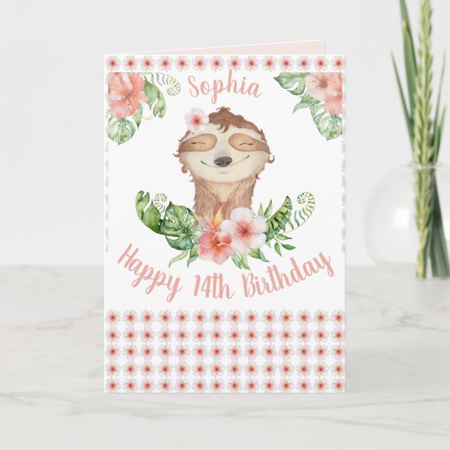 Cartão Personalized Happy 14th Birthday Cute Sloth Girl (Frente)