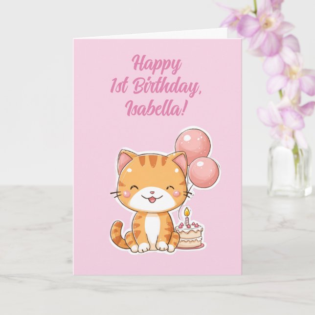 Cartão Personalized Happy 1st Birthday Girl, Cute Kitten (Orquídea)