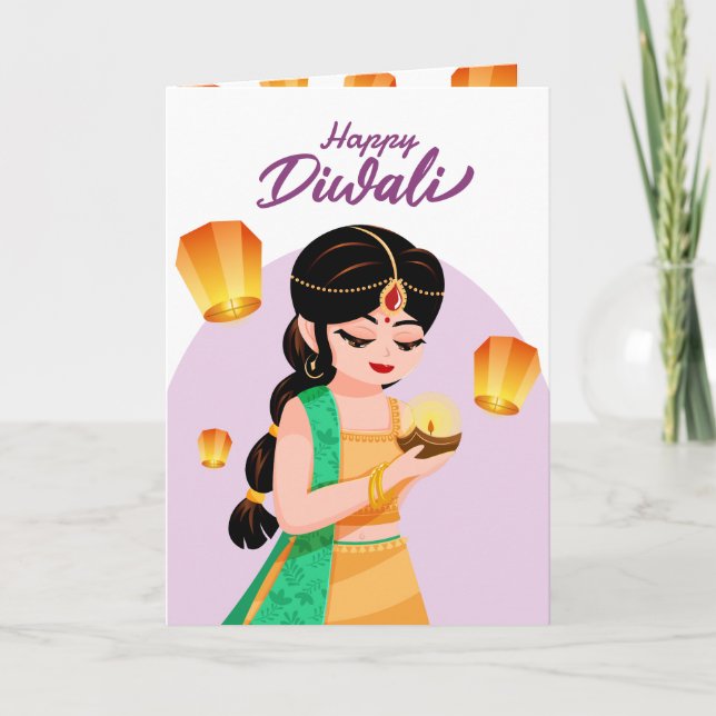 Cartão Personalized Indian Girl Diwali Floating Lantern (Frente)