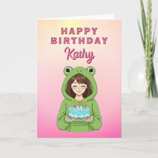 Cartão Personalized Kawaii Frog Hoodie Girl Birthday