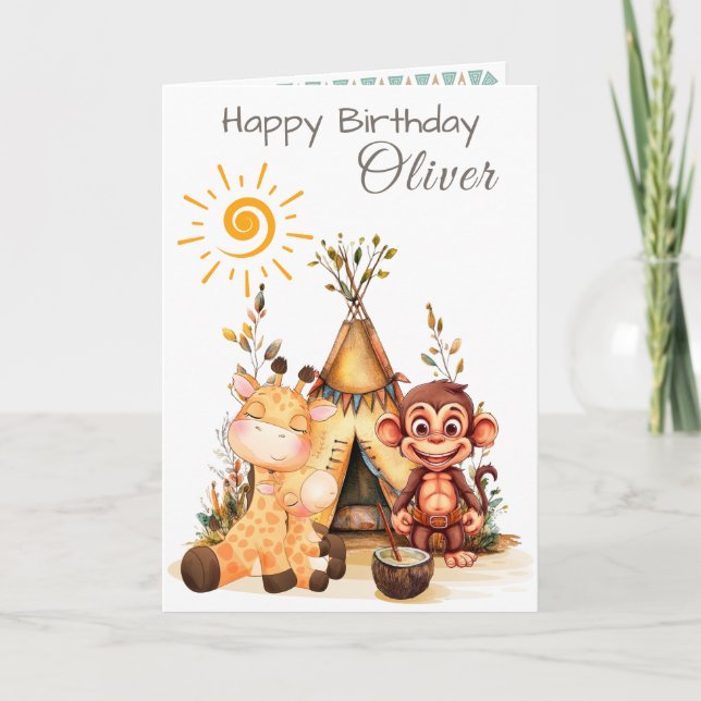 Cartão Personalized Kids Birthday Card with Cute Animals (Frente)