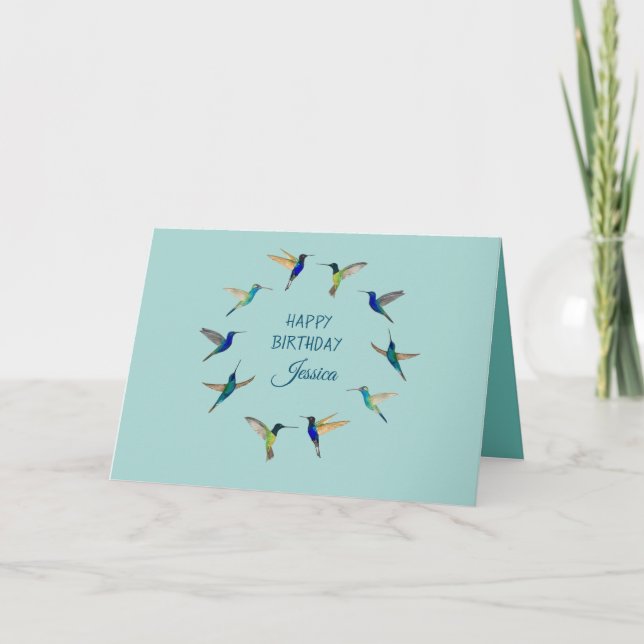 Cartão Personalized Light Teal Hummingbird Happy Birthday (Frente)