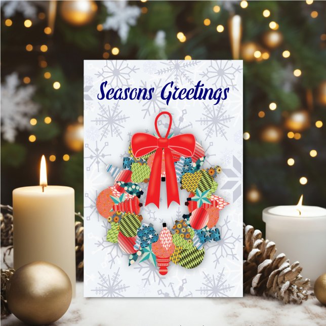 Cartão Personalized Ornament Wreath Seasons Greetings (Personalize your holiday wishes, by adding a custom message.)