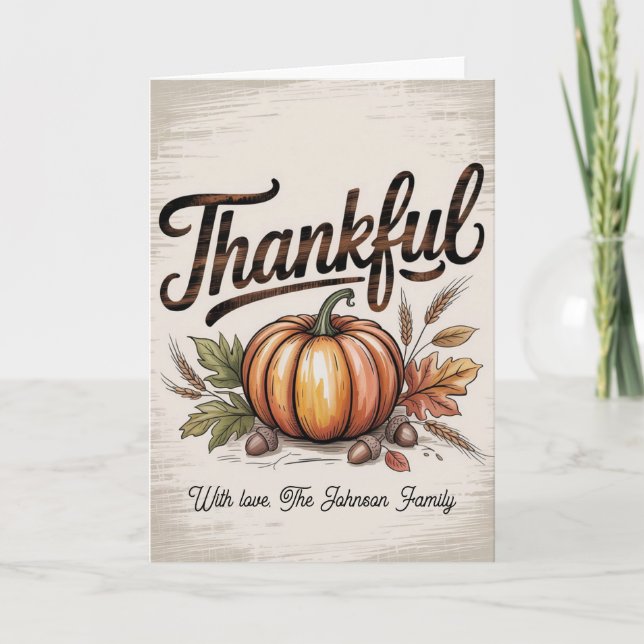 Cartão Personalized Vintage Rustic Thankful Pumpkin (Frente)