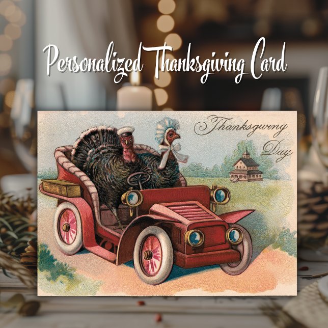 Cartão Perus voando em carro vendendo dia graças (Turkeys Riding in a Car Vintage Thanksgiving Card.  Just add your name & a special message!)