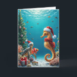 Cartão Pescoço do mar e tartaruga marinha subaquática<br><div class="desc">Submarino,  cavalo marinho e tartaruga marinha vestem chapéus de Papai Noel cercados por peixes-palhaço e recifes de corais decorados com ornamentos festivos. Todo o texto pode ser alterado.</div>