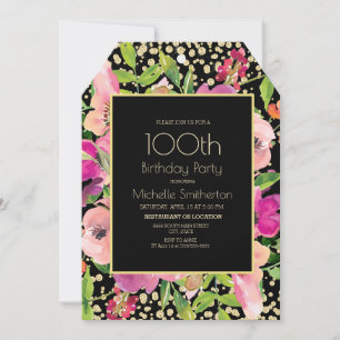 Cartão Pêssego Floral Preto Dourado Brilho 100º Aniversár