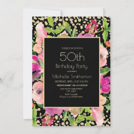 Cartão Pêssego Floral Preto Dourado Brilho 50º Aniversári