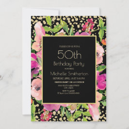 Cartão Pêssego Floral Preto Dourado Brilho 50º Aniversári