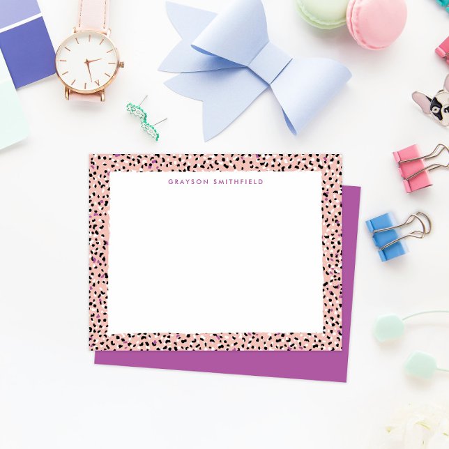 Cartão Pessoal de Papel para Leopardo de Neve Espe (fun colorful blush pink and purple leopard print border frame personal stationery note cards)