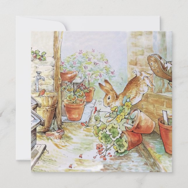 Cartão Peter, o coelho caindo no galpão de jardim (Frente)