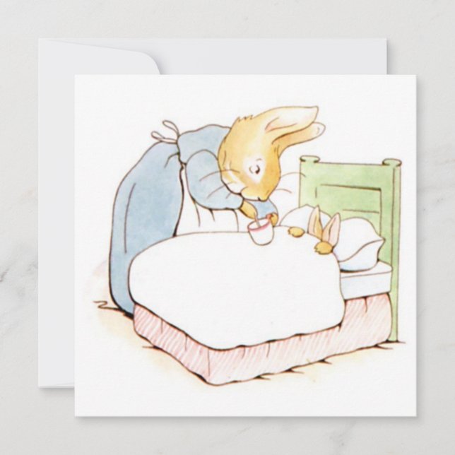 Cartão Peter Rabbit na cama (sendo alimentado pela mãe) (Frente)