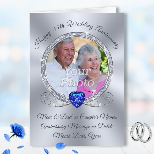 Cartão PHOTO, 45th Wedding Anniversary Cards for Parents (45th sapphire wedding anniversary cards, for Parents, Husband and Wife, Friends and Family. )