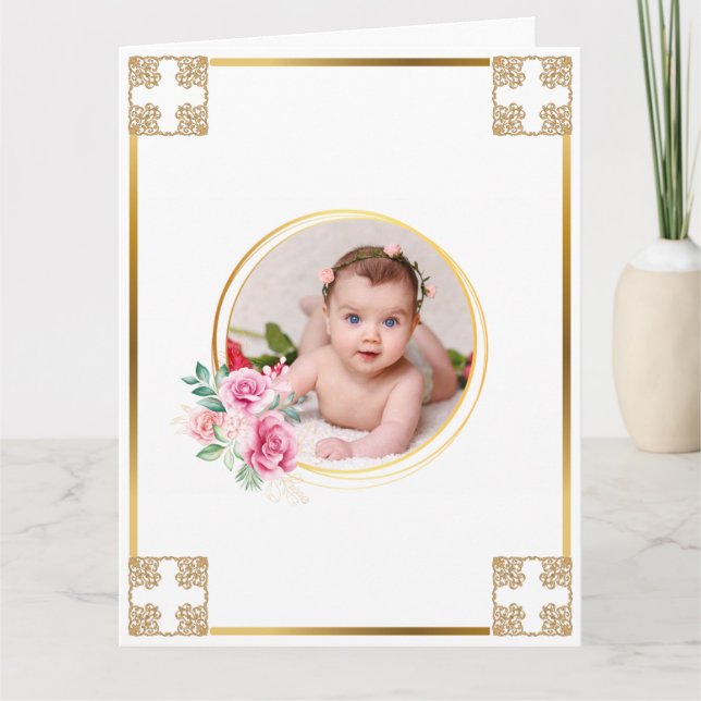 Cartão Photo baptism gold cross floral bouquet chic (Frente)