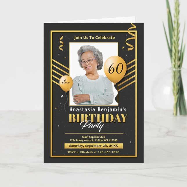 Cartão Photo Birthday Gold Black 60th 50 Party Invitation (Frente)