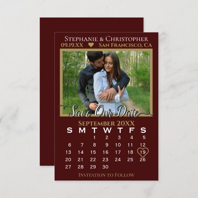 Cartão Photo Calendar Auburn & Gold Wedding Save Our Date (Frente/Verso)