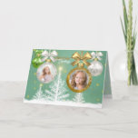 Cartão Photo Christmas Gold White Green Bauble Snow Tree<br><div class="desc">Create your own festive Christmas photo frame with this gold,  white and green baubles collage. Shiny ornaments over snowy trees landscape serve as frames for your favorite Instagram snaps or photographs. Replace the sample images and text with your own for a personalized holiday gift.</div>