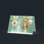 Cartão Photo Christmas Gold White Green Bauble Snow Tree<br><div class="desc">Create your own festive Christmas photo frame with this gold,  white and green baubles collage. Shiny ornaments over snowy trees landscape serve as frames for your favorite Instagram snaps or photographs. Replace the sample images and text with your own for a personalized holiday gift.</div>