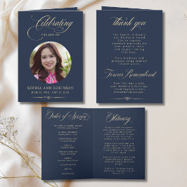 Cartão Photo Elegant Blue Gold Script Funeral Program