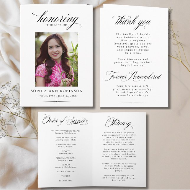 Cartão Photo Modern Memorial Order of Service Program  (FRONT,  INSIDE & BACK OF MEMORIAL PROGRAM  )