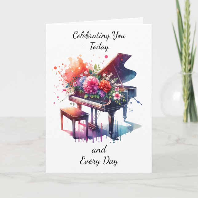Cartão Piano e Flores bonito com Aquarela (Frente)