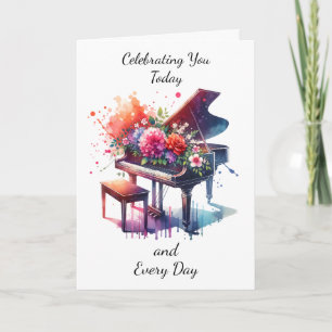 Cartão Piano e Flores bonito com Aquarela