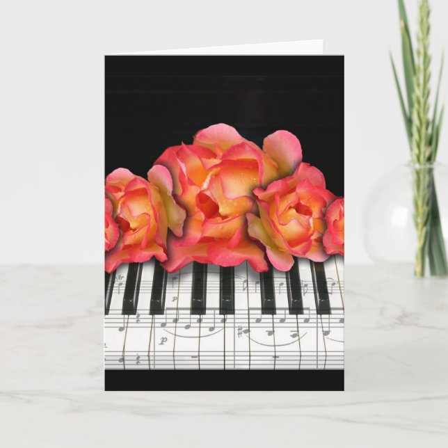 Cartão Piano Keyboard Roses and Music Notes (Frente)