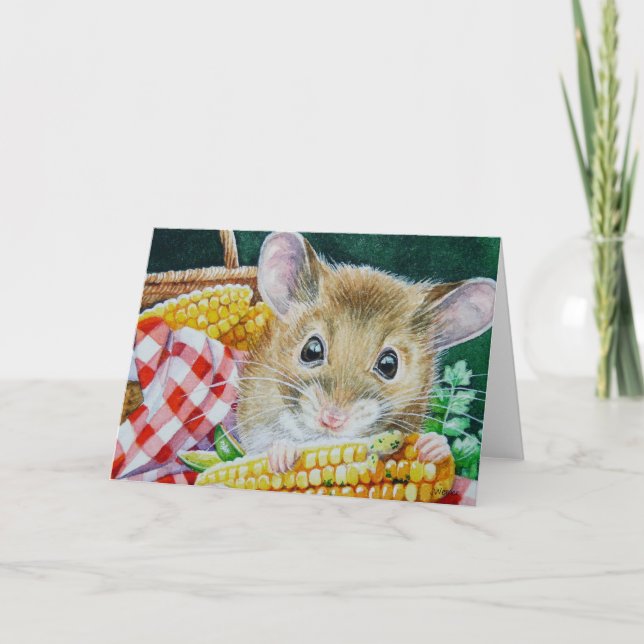 Cartão Picnic Rato comendo milho Aquarela (Frente)