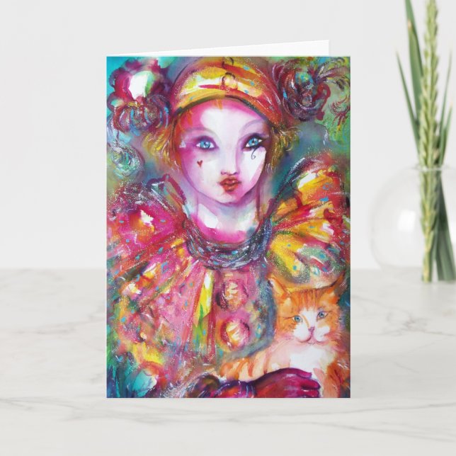 Cartão Pierrot com Gato/Máscaras de Mascarada Veneza (Frente)