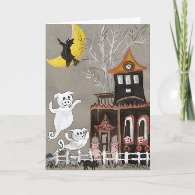 Cartão Pig Ghosts Haunted House Halloween CARD (Frente)