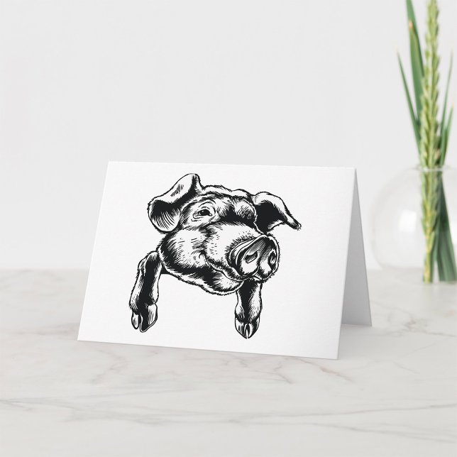 Cartão Pig Head Farm Animal Drawing in Black White (Criador carregado)