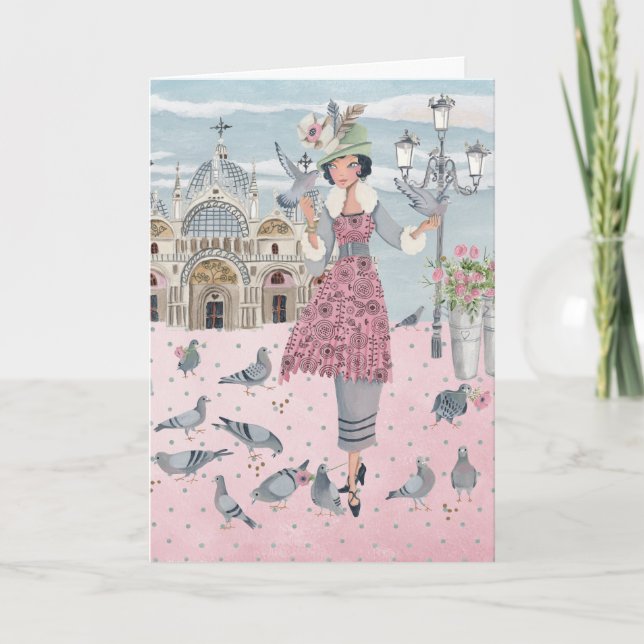 Cartão Pigeons Girl in Venice | Greeting Card (Frente)
