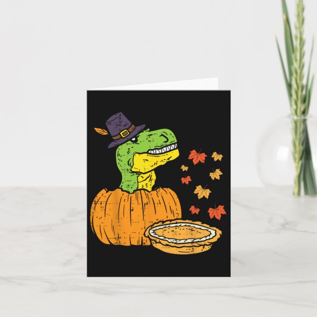 Cartão Pilgrim Trex Dinosaur Pumpkin Pie Kid de Ação de G (Frente)