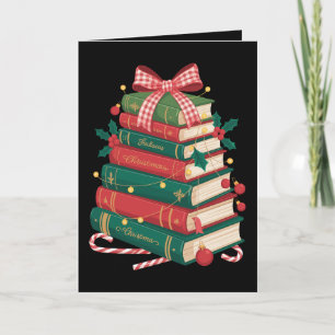 Cartão Pilha de Livros de Natal Laço de Azevinho Fita Lei