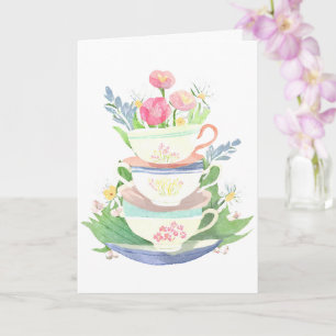 Cartão Pilha de xícara de chá em pastel com flores
