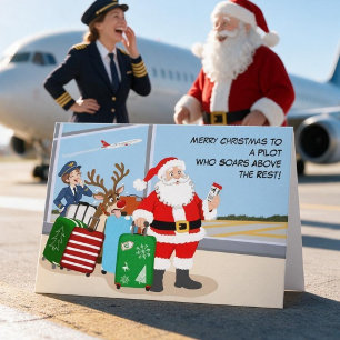 Cartão Piloto Feminina Divertida Natal Papai Noel e Rena