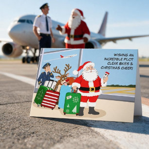 Cartão Piloto Masculino Divertido de Natal com Papai Noel