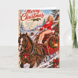 Cartão Pin-Up de Natal Vintage em Trenó Puxado por Cavalo