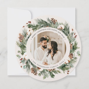 Cartão Pine Wreath Watercolor Photo Round Card de Natal