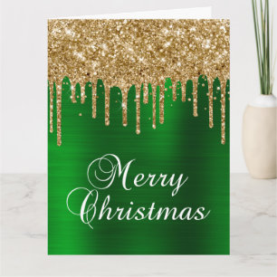 Cartão Pingo de Brilho Dourado Folha Verde Feliz Natal